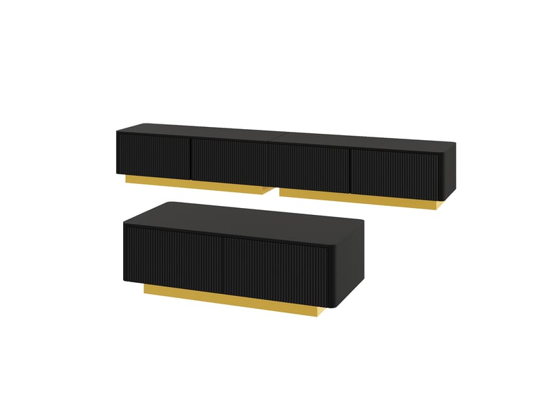Ensemble meuble tv bas et table basse noir en mdf et panneaux de particules, façades rainurées, rangement, salon moderne - Conforama A