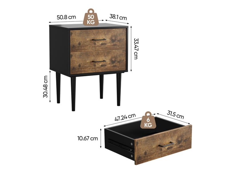  Table de chevet rétro 51 x 38 x 66 cm avec deux tiroirs, style industriel, marron antique  - Conforama D