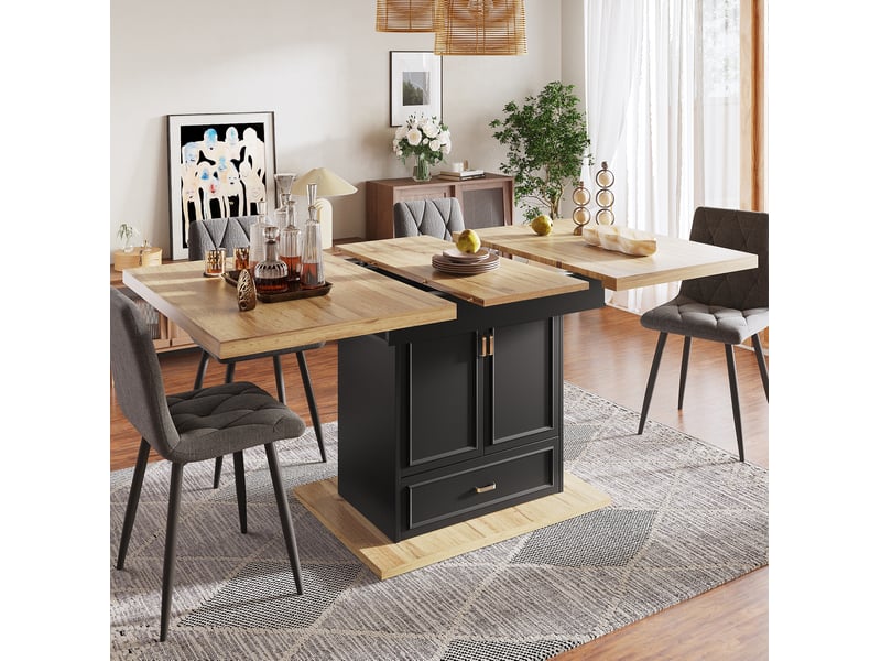  Table à manger extensible 110-140 x 80 x 75 cm rangement 2 portes tiroir plateau mdf et métal, couleur bois naturel  - Conforama W