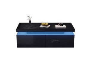 Table basse noire brillante avec led et 2 tiroirs, 95x45x35 cm, panneau de particules, noir