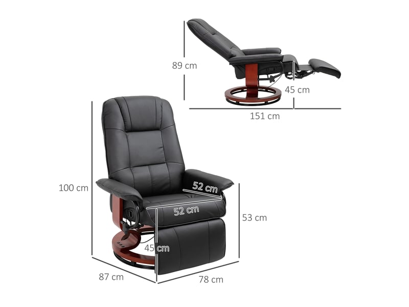  Fauteuil relax inclinable,78x87x100 cm,avec repose-pieds,similicuir,noir  - Conforama C