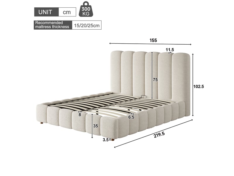  Lit adulte 140 × 200 cm, rangement hydraulique, avec sommier et tête de lit, tissu bouclé, blanc  - Conforama C