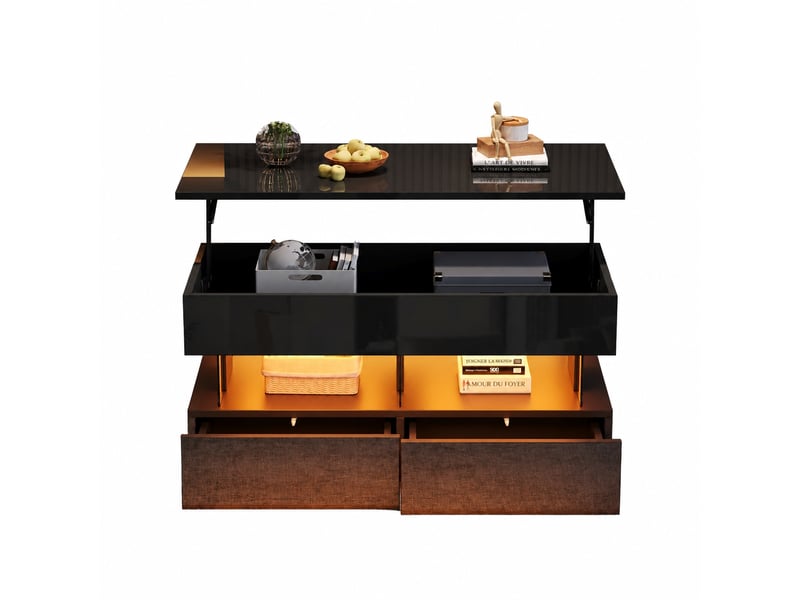  Table basse relevable avec deux tiroirs et éclairage led, 100 x 50 x 46 cm, noir brillant  - Conforama A
