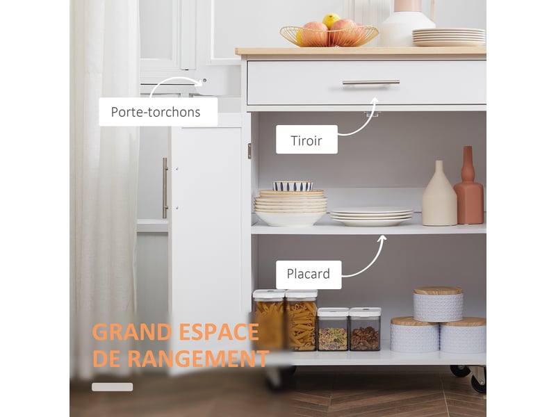 Desserte de cuisine sur roulettes chariot de service ilot de cuisine blanc - avec tiroir de placard et porte-torchons - Conforama A