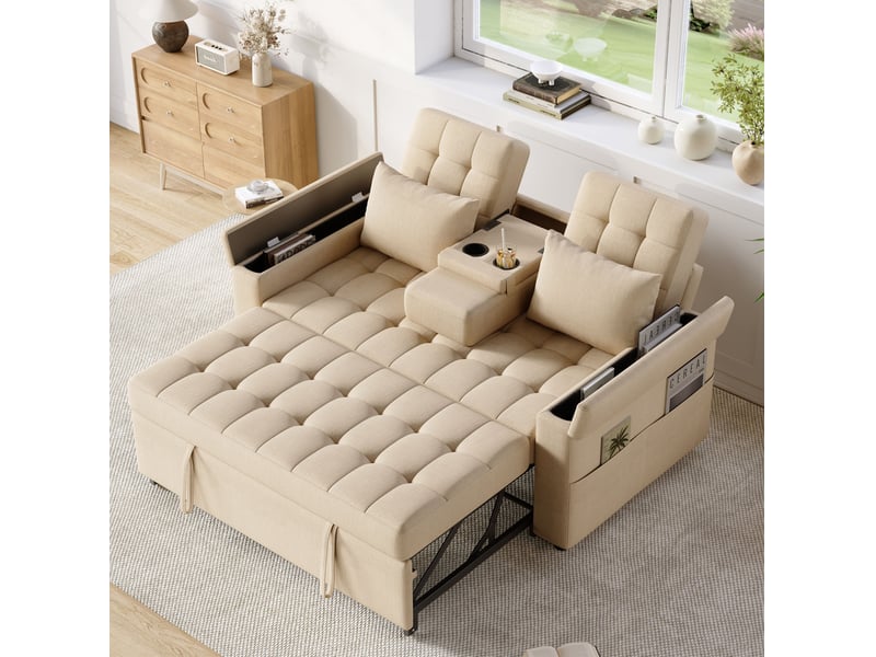  Canapé convertible ulevr 2 places avec rangement dans les accoudoirs, dossier réglable 108°138°180°, tissu aspect lin beige, 159 x 142,5 x 92 cm  - Conforama B