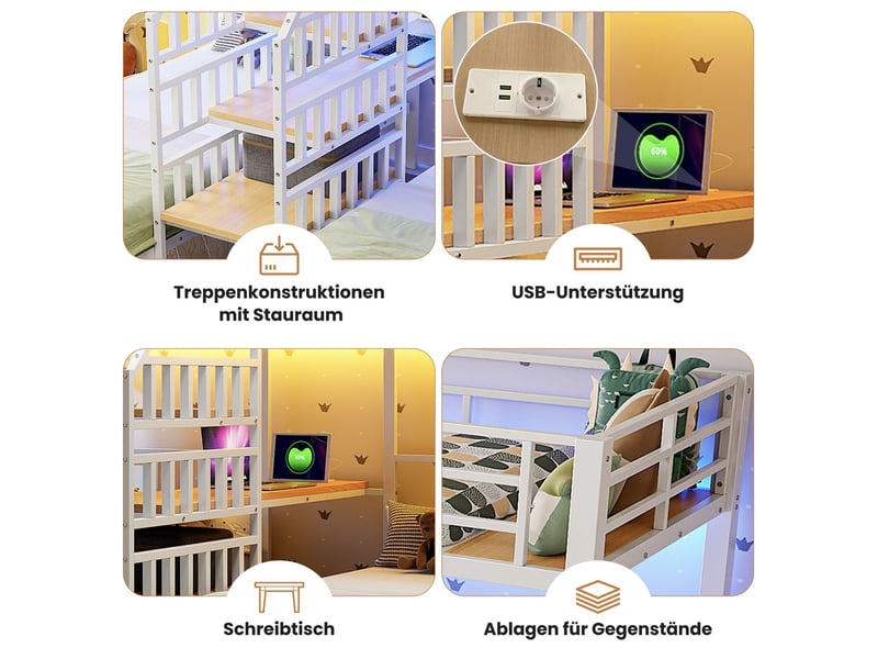  Lit superposé 3 places 90x200 cm avec bureau et led - lit superposé 3 couchages - rangement prises usb métal blanc  - Conforama E