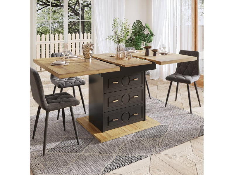  Table de salle à manger pour 6 personnes avec 2 tiroirs, 1 compartiment fermé et plateau extensible, décor bois  - Conforama D