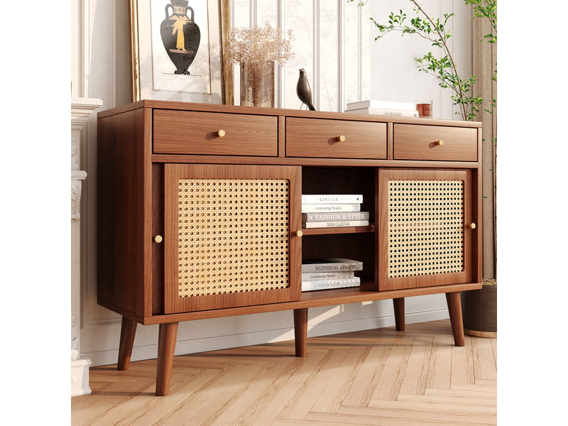  Buffet bas enfilade 120x40x78cm rangement optimisé | style bohème effet chêne et cannage | charge 70kg montage facile - bois foncé  - Conforama C