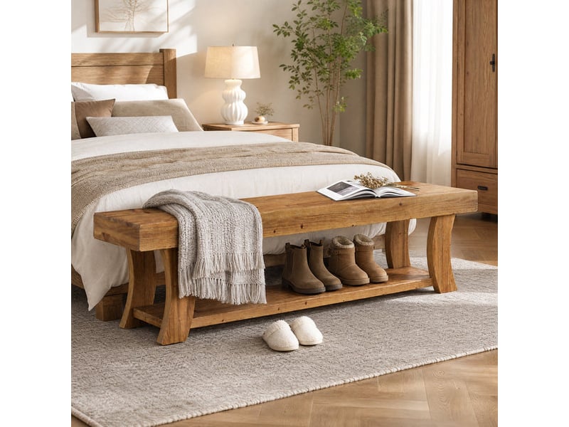  Banc d'entrée rustique en bois massif de 160 cm de long avec compartiment de rangement, banc à chaussures en bois pour entrée, chambre à coucher, couloir, salon, montage facile  - Conforama E