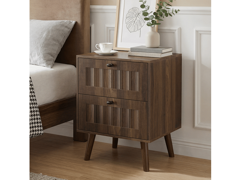  Table de chevet 43,5x40x57,5 cm, 2 tiroirs, design rétros, meuble chambre, style moderne, mdf aggloméré, couleur noyer  - Conforama E