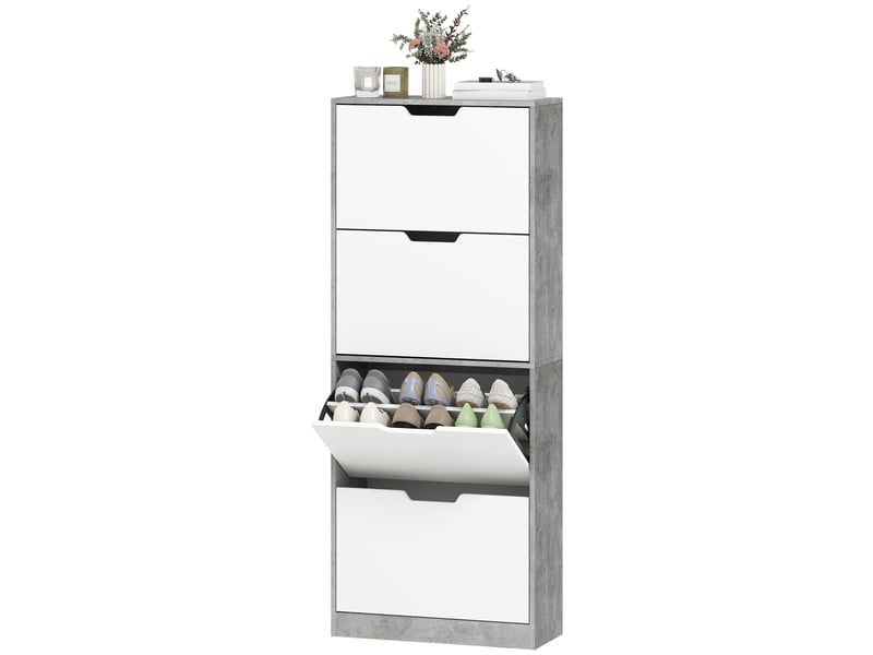  Meuble à chaussures étroit gris béton, 4 portes, 16 paires, 62,5 x 26 x 156 cm  - Conforama B
