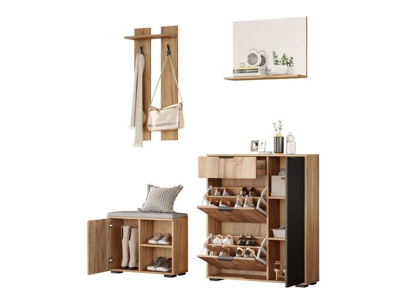 Meubles d’entrée avec banc à chaussures, miroir, 4 portes, 1 tiroir et 2 crochets, pour couloir, 140×35×139 cm - Conforama A