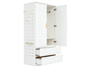 Armoire modenvie 70 x 50 x 170 cm avec panneau perforé latéral, 2 tiroirs et espaces de rangement dissimulés, blanche