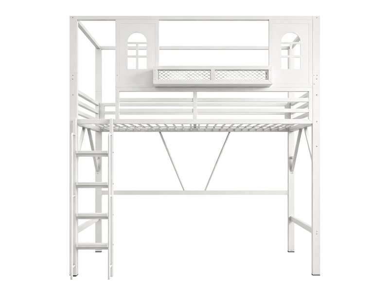  Lit mezzanine enfant 90 x 200 cm en métal, toit cabane avec fenêtres, échelle sécurisée, rangement, blanc evarich - Conforama D