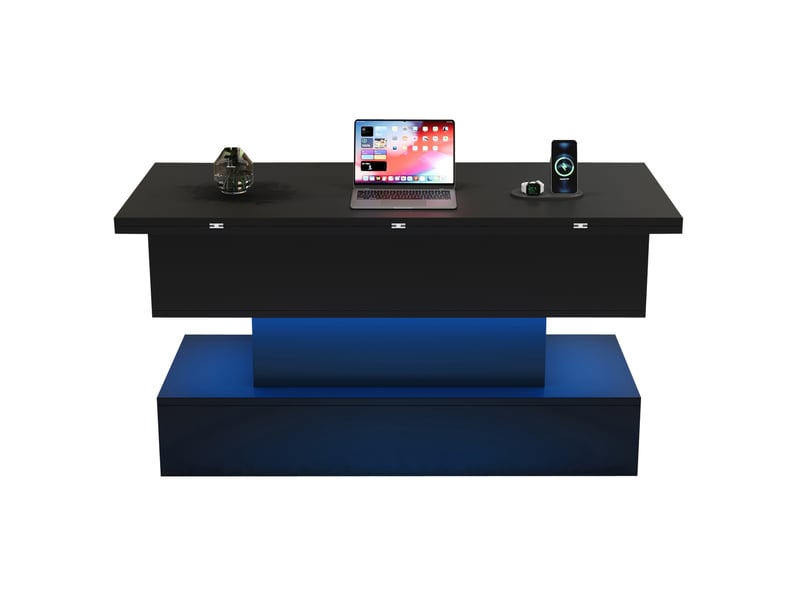  Table basse relevable avec rangement caché, prises et led, plateau réglable, pour salon, noir, 100 × 50 × 51,5 cm  - Conforama A