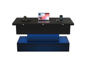 Table basse relevable avec rangement caché, prises et led, plateau réglable, pour salon, noir, 100 × 50 × 51,5 cm