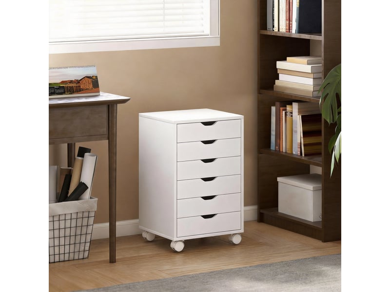  Caisson de bureau mobile avec 6 tiroirs silencieux, caisson de rangement sur roulettes,  40 x 35 x 63 cm, blanc  - Conforama A