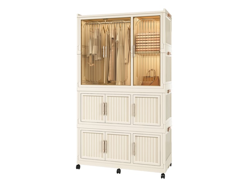  Armoire modulable pliable 92x45x158 cm avec 9 portes magnétiques couleur blanc crème, polypropylène  - Conforama A