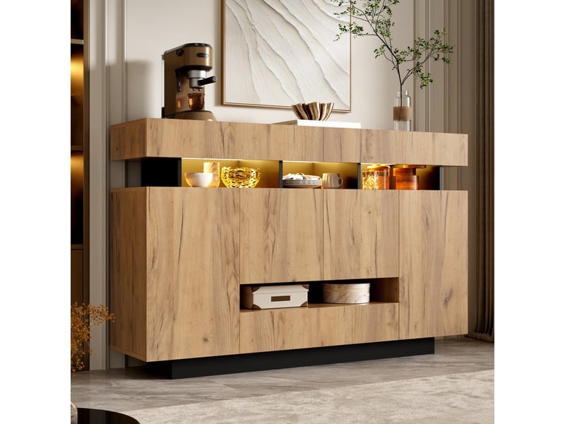  Commode 3 tiroirs et 4 portes, avec éclairage, compartiments ouverts, pour chambre, 140 x 35 x 90 cm, finition bois naturel et noir  - Conforama D