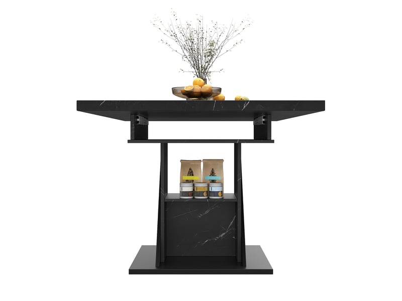  Table de repas extensible 110-140x80x75 cm, gain de place, plateau motif marbre en mdf, pieds métal, noir  - Conforama D