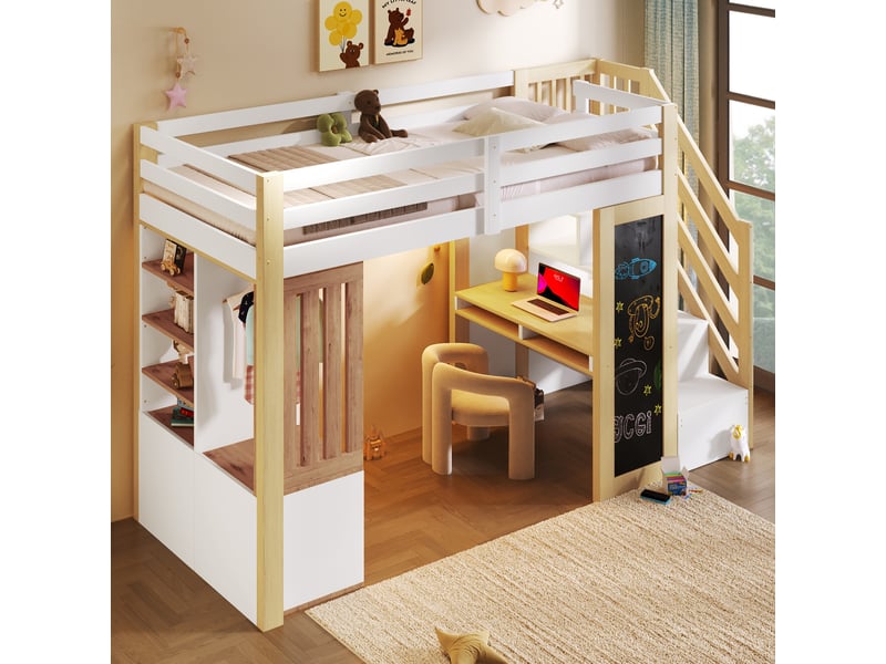  Lit mezzanine 1 place 90×200 cm avec bureau, rangements et led - okmyhome- blanc naturel, sans matelas  - Conforama C