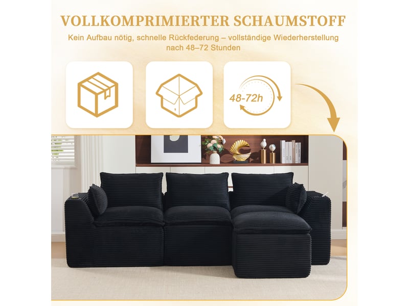  Canapé modulable compression d'angle en l,256x161x75cm,velours côtelé,canapé 3 places avec pouf,porte-gobelets,poches latérales,sans montage,noir  - Conforama E
