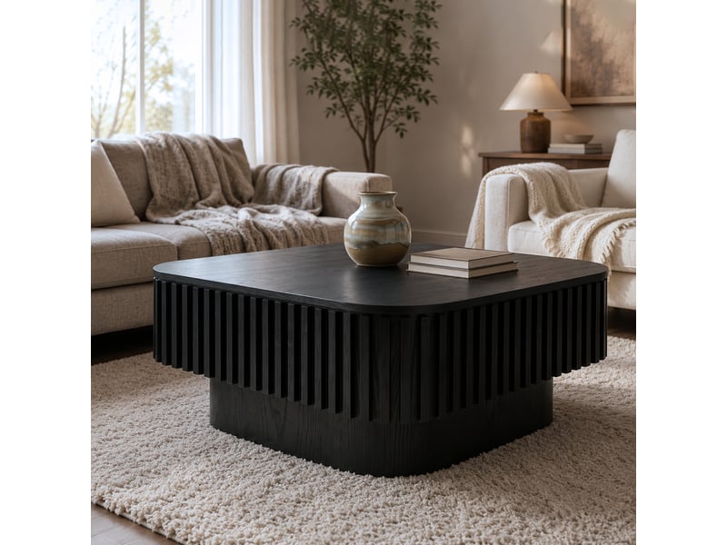 Table basse carrée avec coffre et décor cannelé noir 75 × 75 × 35 cm IKSETERA TRADING LTD - Conforama R