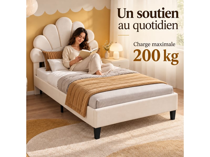  Lit enfant 90x190 cm en velours, lit simple rembourré avec sommier à lattes, tête de lit en forme de pétale réglable en hauteur, cadre de lit capitonné pour enfants et adolescents, beige  - Conforama R
