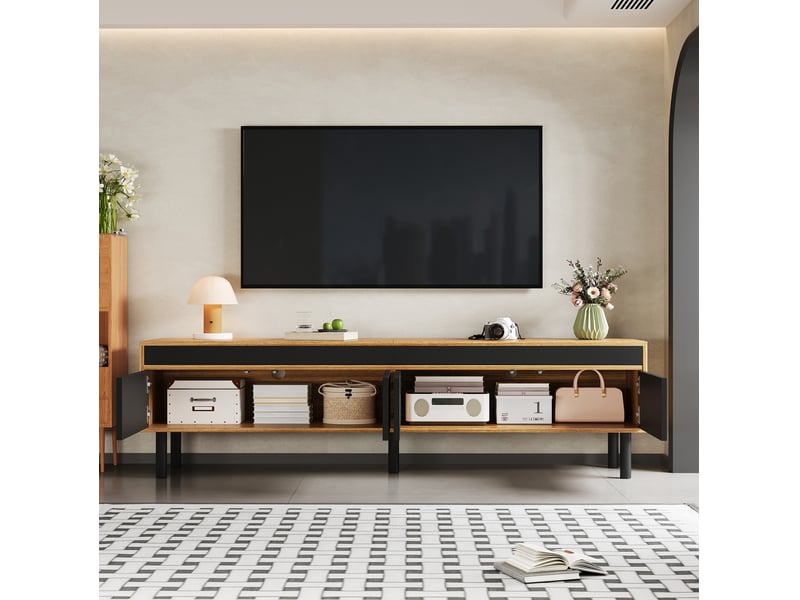  Meuble télévision bas 170x38x47 cm, 4 portes, grand rangement, pieds bois, panneau particules, noir et naturel  - Conforama D