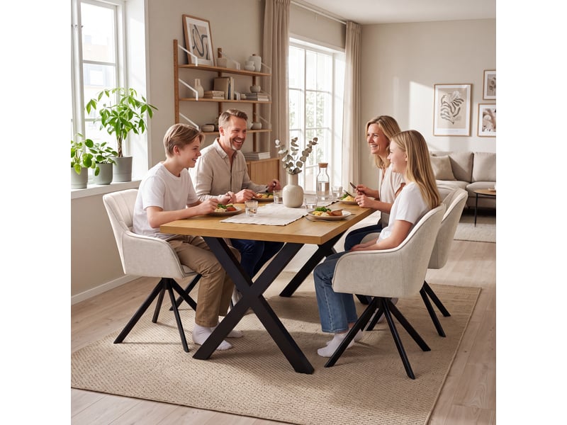  Ensemble table et 4 chaises - table rectangulaire 160x80 cm monobloc en chêne sauvage et pieds métal, 4 chaises en tissu beige et pieds métal  - Conforama W