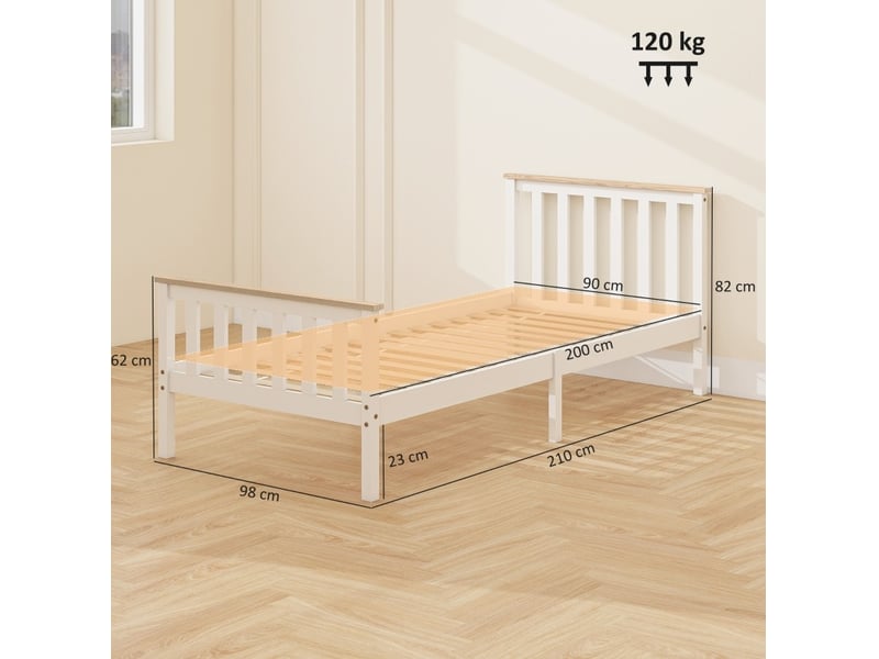  Lit une place 90x200 cm blanc et bois, cadre en bois avec sommier à 15 lattes et rangement sous le lit  - Conforama C