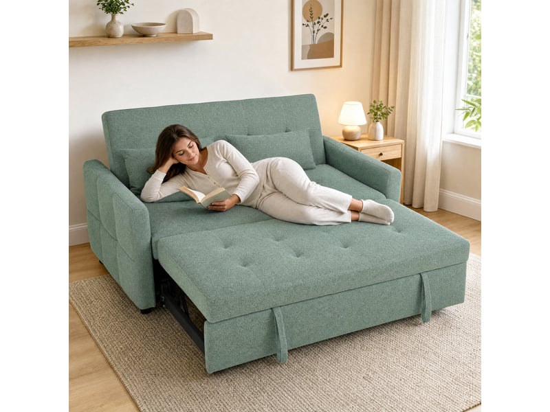 Canapé convertible 2 places dossier inclinable 3 positions pans latéraux effet capitonné 2 coussins tissu vert sauge - Conforama D