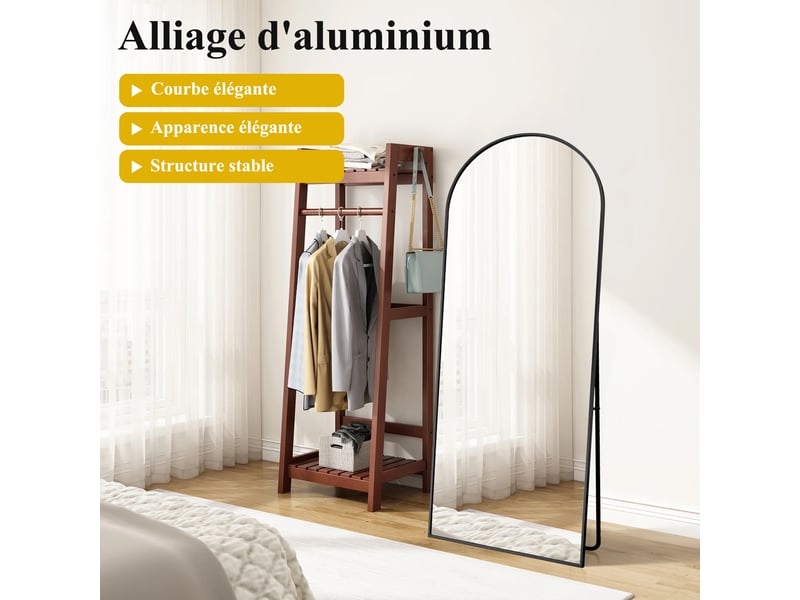  Miroir pleine longueur arqué 164 x 54 cm miroir mural salon avec cadre en aluminium, verre trempé  - Conforama D