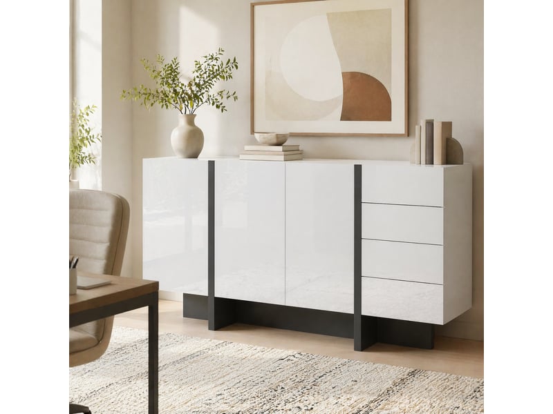 Buffet 2 portes 4 tiroirs avec grande capacité de rangement - lpospi - fermeture douce, finition brillante, mdf blanc et noir 150 × 40 × 80,5 cm - Conforama C