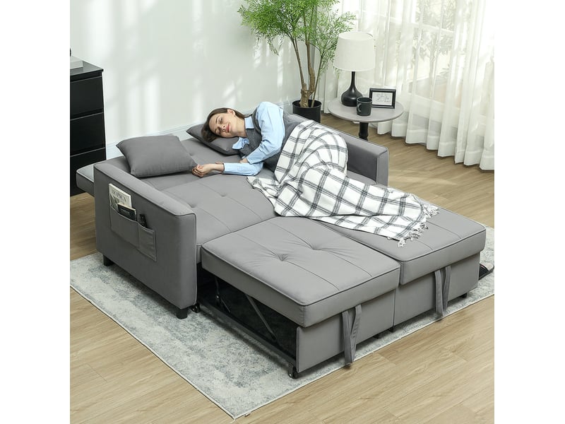  Canapé convertible 2 places en tissu gris à l'aspect velours, dossier 3 positions, coffre et roulettes  - Conforama E