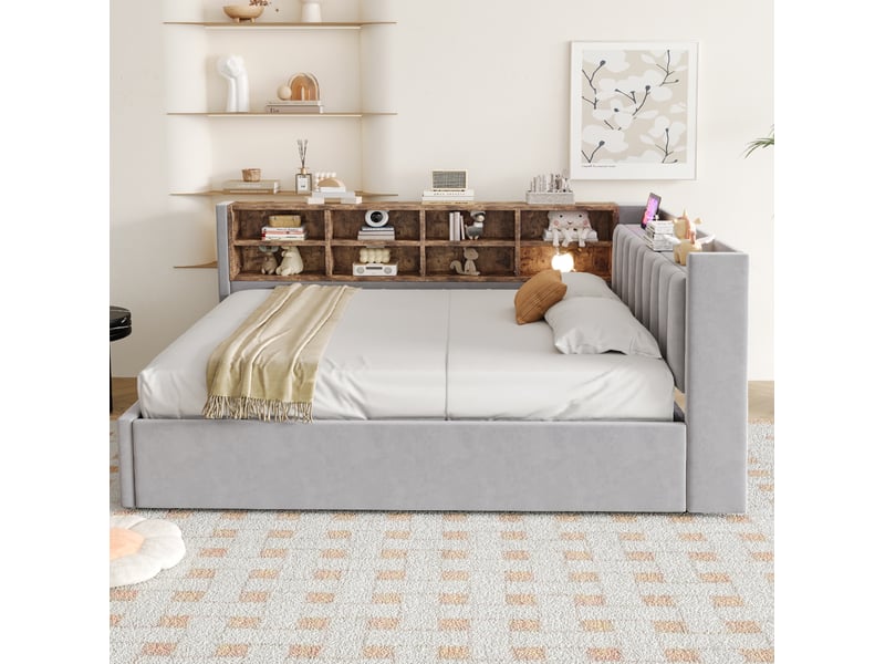  Lit rembourré 140 x 200 cm avec rangement hydraulique, éclairage de nuit et ports usbusb-c gris clair  - Conforama C