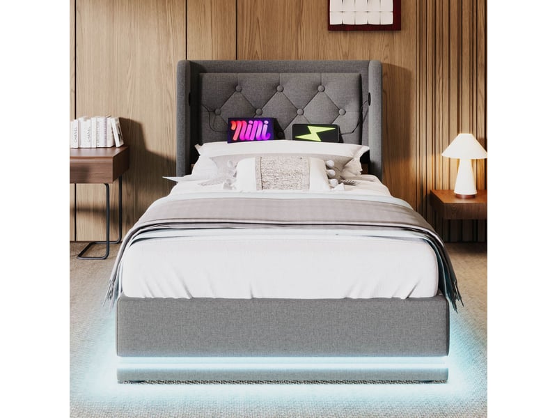 Lit coffre hydraulique 90x200 cm rembourré avec led 3 côtés et usb-c-tête de lit capitonnée-sommier à lattes-gris - Conforama B