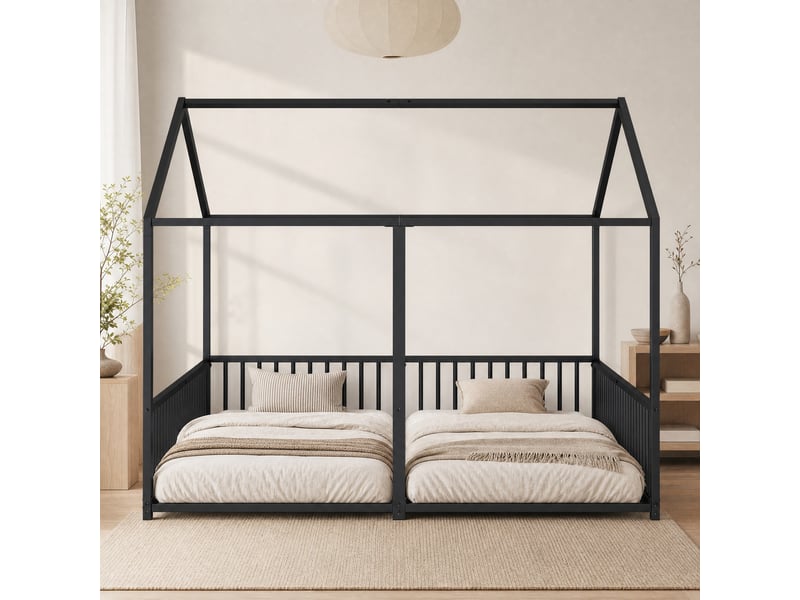  Lit superposé enfant en métal noir, lit 2 places avec barrières, échelle et forme de maison, 90x200 cm, sans matelas  - Conforama B