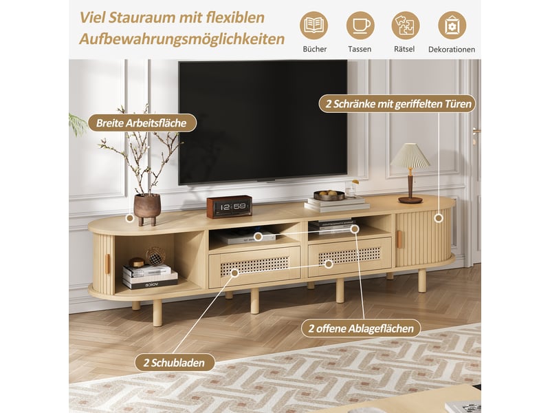 Meuble tv ovale table tv 2 tiroirs rotin 2 portes coulissantes tv 70 pouces chêne clair - Conforama W