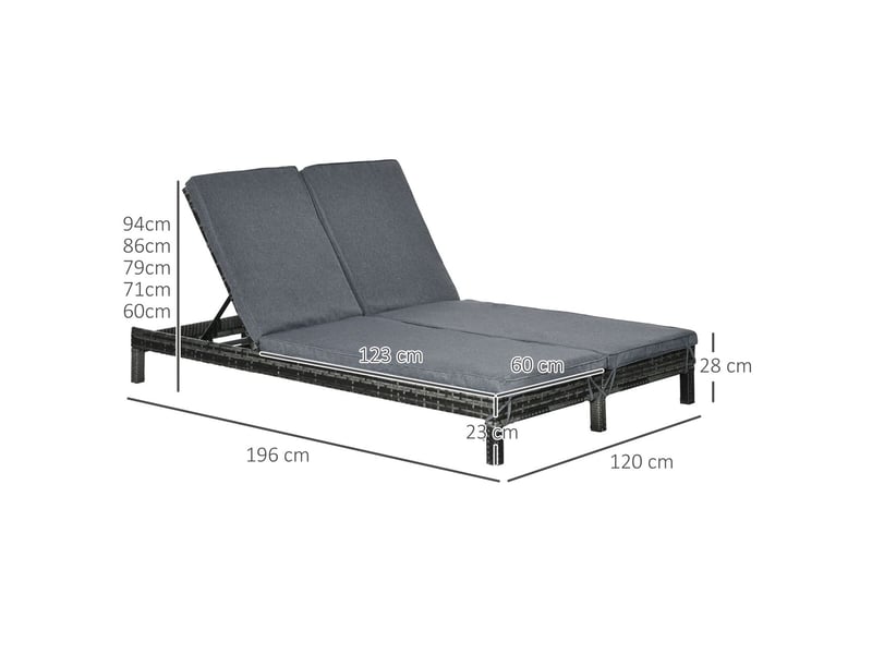  Bain de soleil 200x120x30, transat double, dossier 5 positions, coussin confortable, métal et pe rotin, résistant à l'eau  - Conforama B