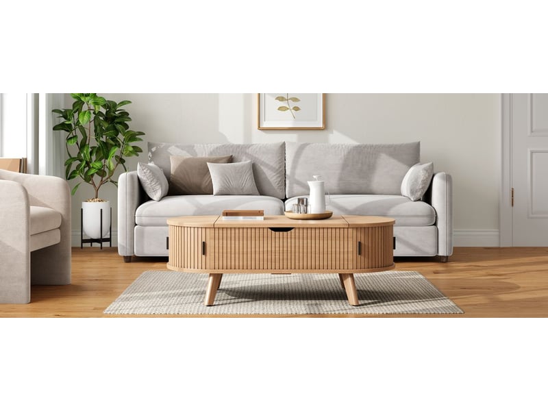  Table basse relevable grand rangement dissimulé table basse avec rangement forme ovale deux portes coulissantes aspect bois rainuré  - Conforama C