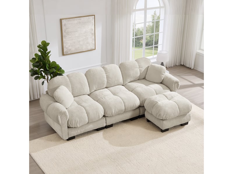  Canapé modulable 3 places 260 cm canapé droit en tissu chenille avec 1 pouf mobile, design matelassé, coussins épais, dossier ergonomique, kaki clair Seren Glow - Conforama B