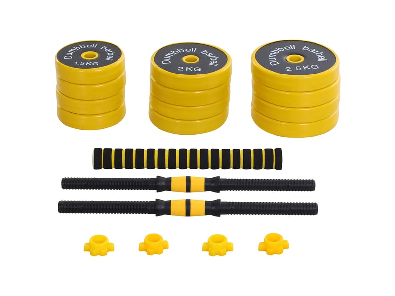  Haltères et barre de 25 kg, kit d'haltères ergonomique 3 en 1 réglable, 12 disques, 2 barres courtes, 1 barre longue, jaune et noir  - Conforama B