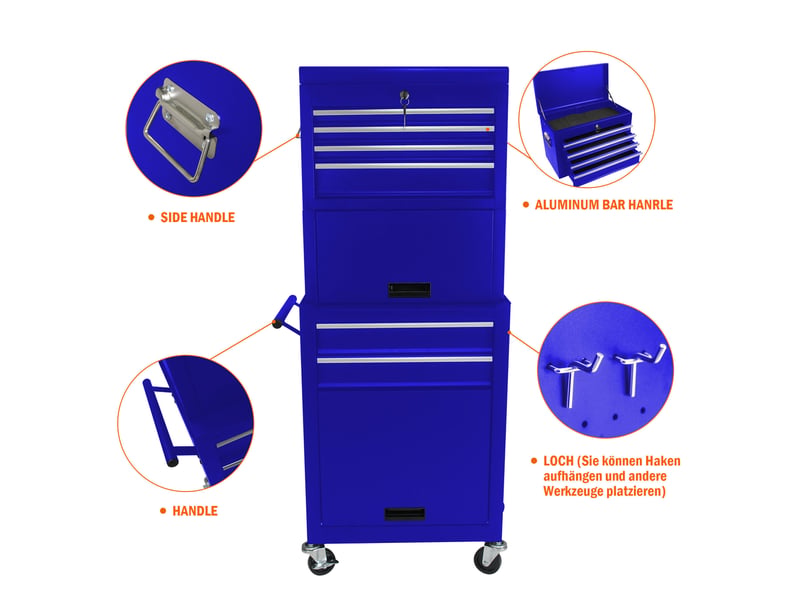  Meuble de rangement à 6 tiroirs avec serrure et 4 roulettes pour garage et atelier en acier bleu  - Conforama C