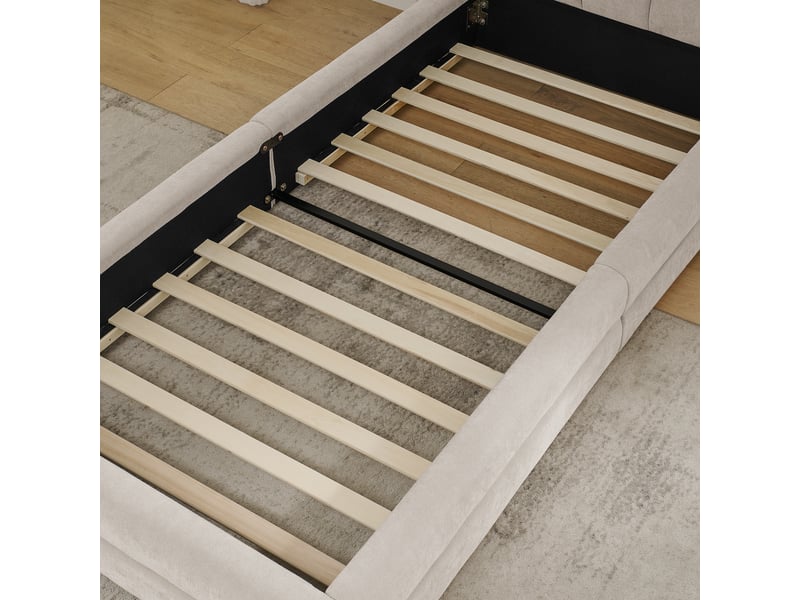  Lit simple 90 x 200 cm en chenille douce, tête de lit ergonomique et structure renforcée, mousse, beige, sans matelas  - Conforama R