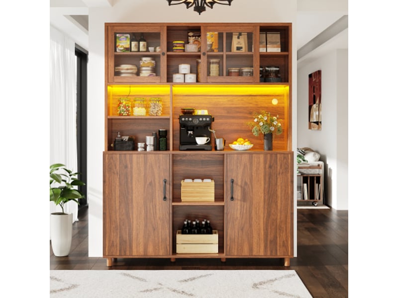  Buffet haut 140x40x185 cm, éclairage led intégré, meuble pour salon et cuisine avec rangement spacieux  - Conforama D