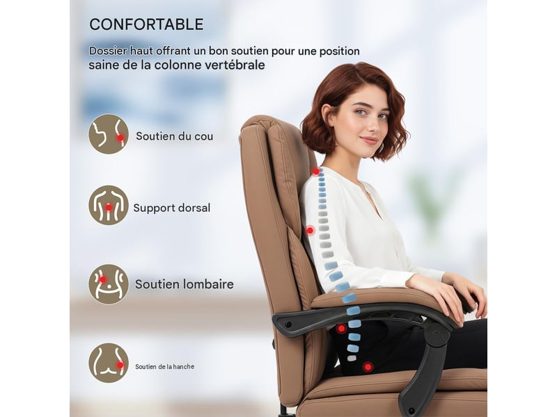  Fauteuil de bureau inclinable avec repose-pieds similicuir marron  - Conforama D