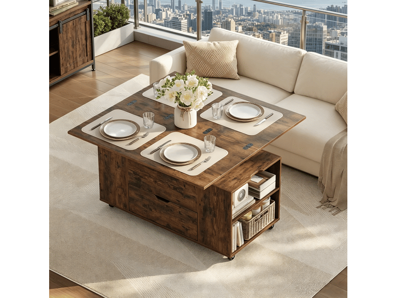 Table basse relevable sur roulettes, bois et métal, rustic brown, 50,5 x 100 x 53 cm  - Conforama C