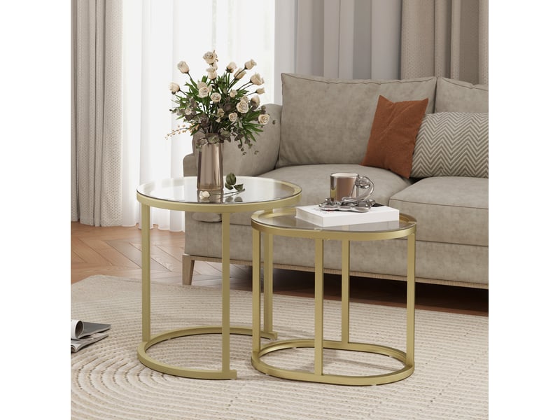  Lot de 2 tables basses empilables ø50x50.5h cm et 60x36x43.5h cm en acier doré  - Conforama D