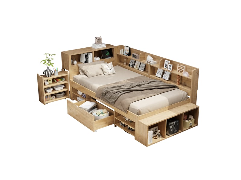  Modenvie lit enfant 90x200 cm - avec rangements, étagères et recharge sans fil - sans matelas - naturel  - Conforama A